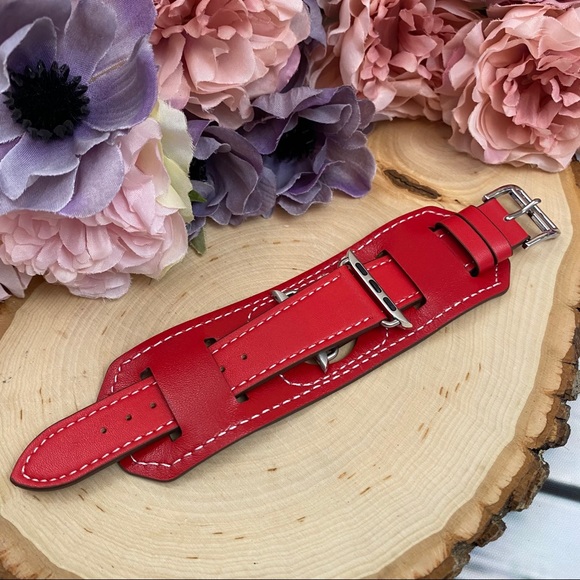 Vegan Leather Red Double Cuff Watchband for Apple - Picture 10 of 13
